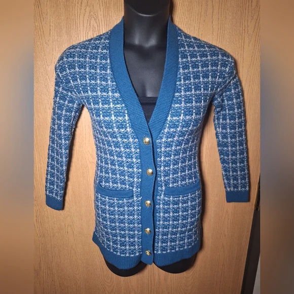 Talbots Blue and White Checkered Cardigan - Picture 2 of 7
